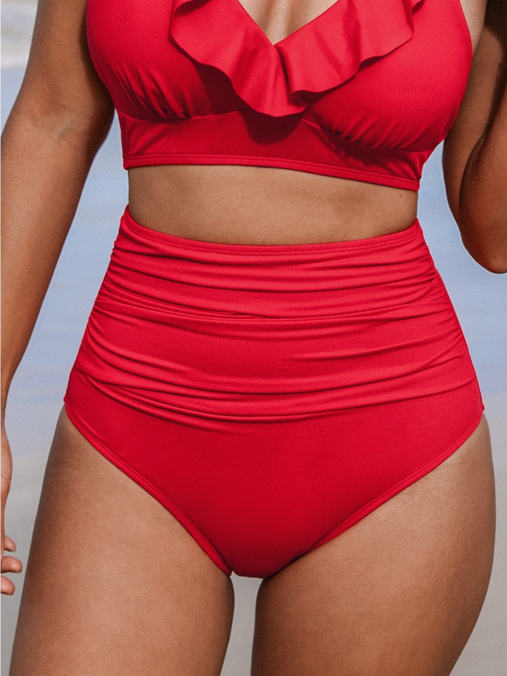 CUPSHE High-Waist Ruffled Red Bikini Set